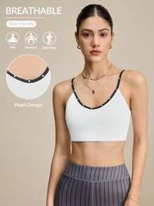 Lifespree Women's Contrast Trim Faux Pearl Decor Camisole Sports Bra