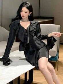 DAZY 2pcs Women's Solid Color Long Sleeve Elegant Flounce Summer Outfit Set,Ruffle Lounge Sets For Women School - Black - View 4