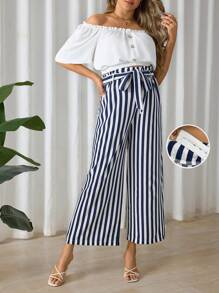 SHEIN 2pcs Maternity Off-Shoulder Button-Front Waist Ruched Top And Striped Pants Set - Multicolor - View 1