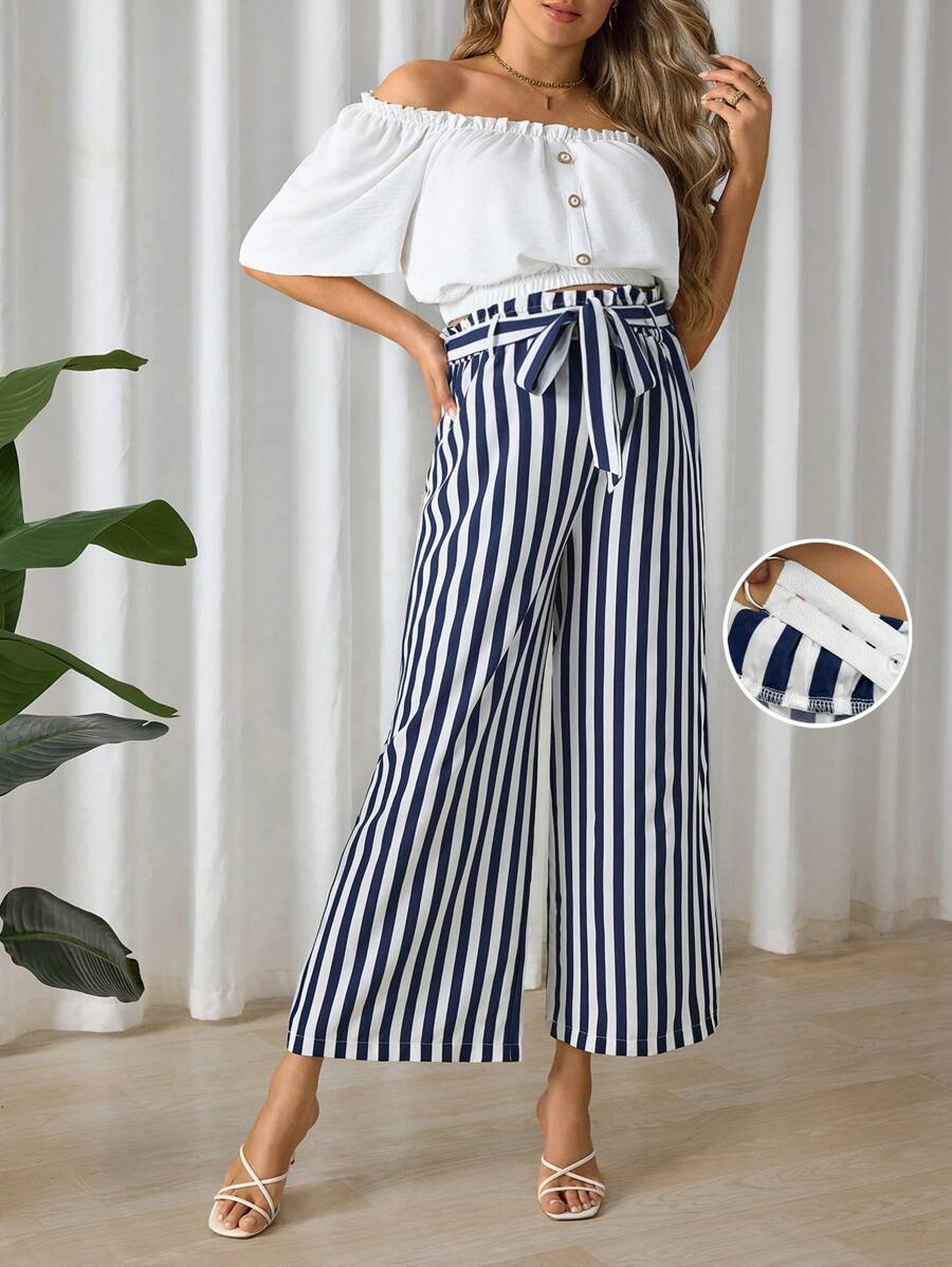 SHEIN 2pcs Maternity Off-Shoulder Button-Front Waist Ruched Top And Striped Pants Set - Multicolor - View 1