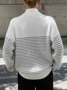 DAZY Striped Oversized Long Sleeve Zip-Up Turtleneck Sweater For Women,Fall Women Clothes - White - View 2