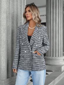 SHEIN Privé Chaqueta gruesa de tweed con doble botonadura al estilo francés para mujeres en otoño
