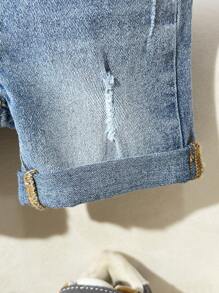 SHEIN Baby Boy Casual Cute Ripped Frayed High Stretch Blue Denim Shorts,For Outdoor Wear - Light Wash - View 4