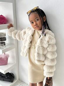 SHEIN 年轻女孩优雅商务休闲保暖蓬松外套 + 连衣裙，2 件套，适合秋季、冬季、休闲、派对、正式、学校、户外 - 灰色 - 查看 6