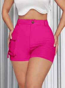 SHEIN SXY Summer High Waisted Side Flap Pockets Khaki Shorts - Hot Pink - View 2