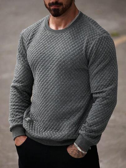 Manfinity Homme Hanorac minimalist casual pentru bărbați, purtat zilnic, cu guler rotund, mânecă lungă, gri închis, pentru prieteni, soț, iubit, cadouri pentru toamnă