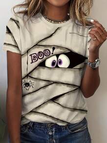 INAWLY Halloween Women Summer Cartoon Letter Print Round Neck Short Sleeve Casual T-Shirt - White - View 1