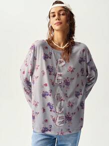 Bohemela Women's Long Sleeve T-Shirt With Ditsy Floral Pattern, For Vacation/Fall - Grey - View 1