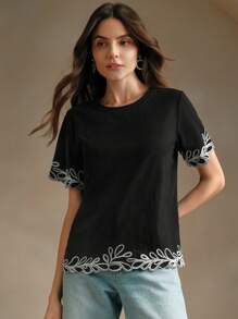 Anewsta 刺绣圆领短袖休闲度假衬衫图案T恤女式上衣 - 黑色 - 查看 4
