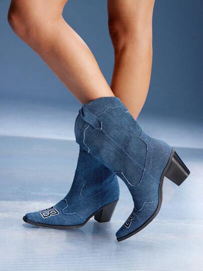 CUCCOO SZL Embroidered Pointed Toe Chunky Heel Western Cowboy Boots, Slip-On, Party Women's Mid-Calf Boots For Summer Halloween