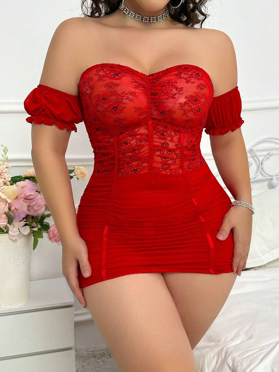 2pcs Lace Patchwork Bodycon Tube Top Nightgown Set - Red - View 1