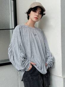 FRIFUL Áo thun nữ cổ tròn màu trơn có dây rút xếp li dài tay - Xám - Xem 4