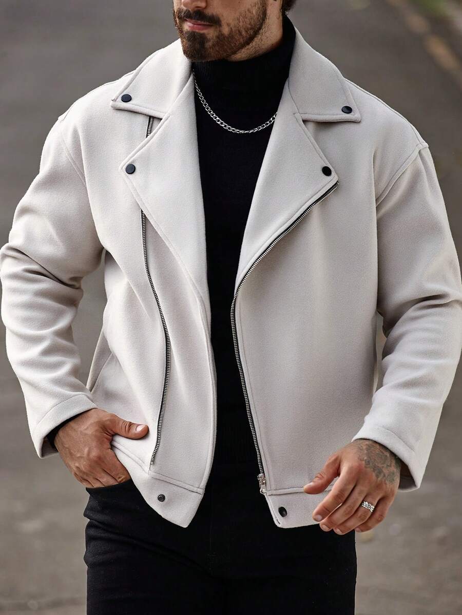Manfinity Homme 男士春秋纯色白色前拉链长袖摩托车夹克，男士夹克，冬季夹克，秋季男士外出休闲摩托车夹克，适合朋友、丈夫、男朋友的礼物，老款风格 - 杏色 - 查看 1