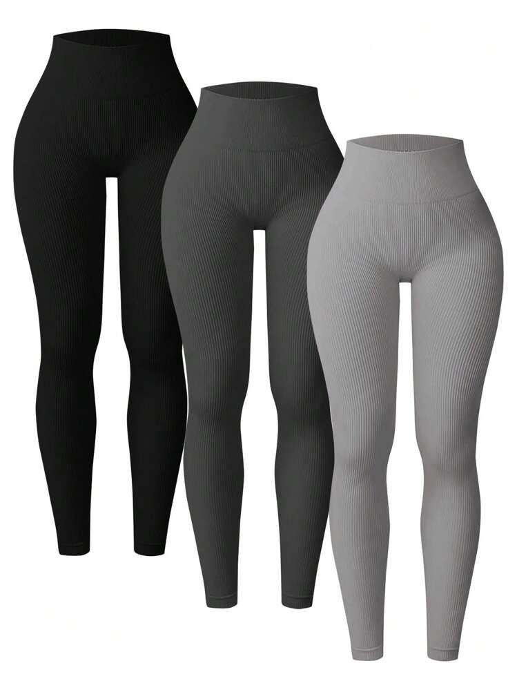 Gameset SHEIN Sport 3 paquets de leggings sans couture nervurés pour femmes - pantalons de yoga taille haute sans transparence avec contrôle du ventre pour le sport, l'athlétisme, la course, le cyclisme, le yoga, le pickleball, l'exercice et le casual
