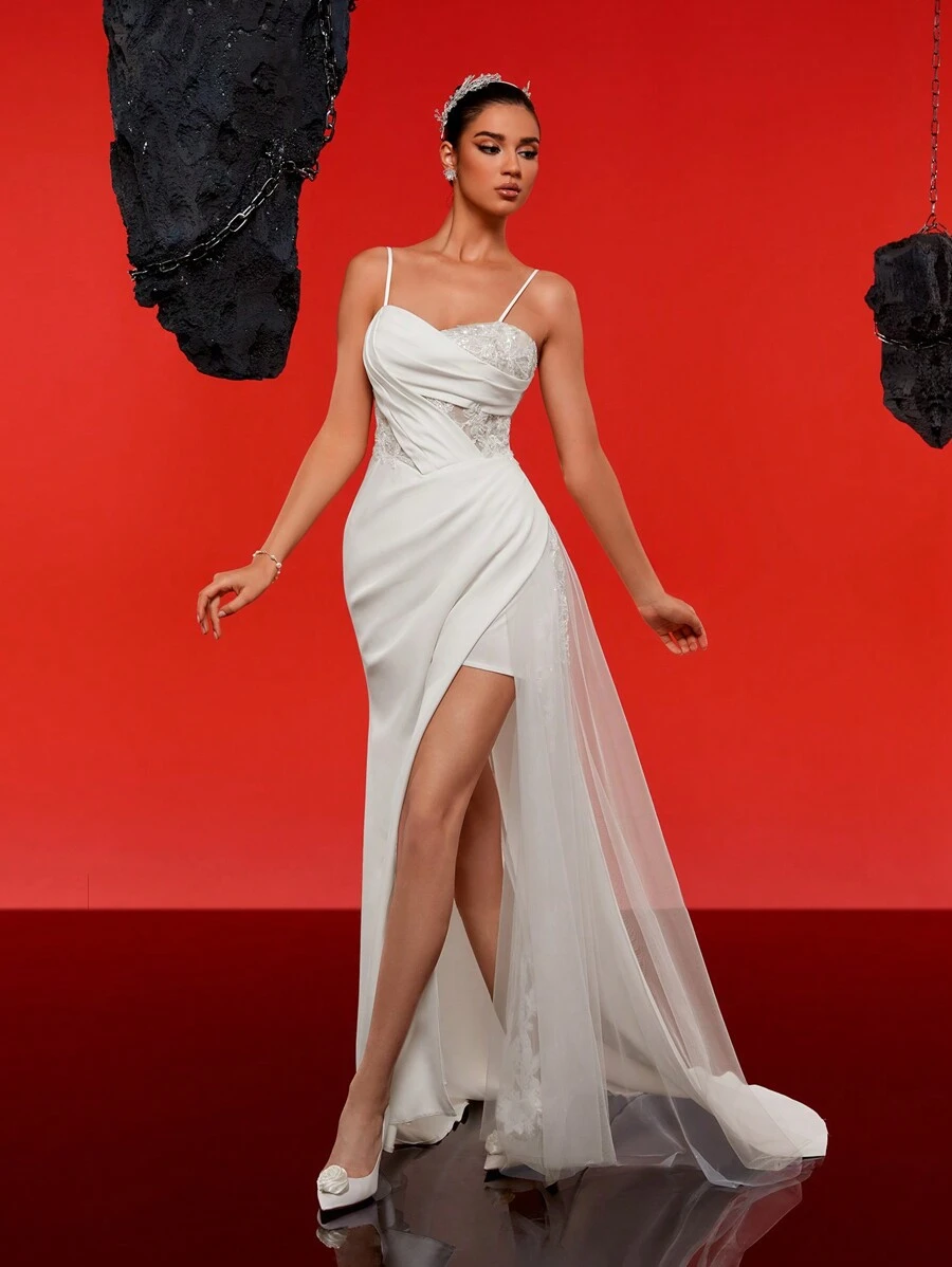 Spaghetti Strap Sexy Lace Patchwork High Slit Fish Tail Long Evening Dress