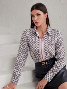 SHEIN Privé 条纹设计定位印花长袖迷人优雅优雅女式衬衫 - 彩色 - 查看 5