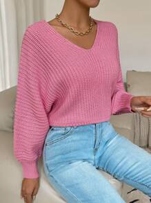 Chiquease Women's Solid Color V-Neck Casual Long Sleeve Pullover Sweater Knit Pullover Fall Winter Outfit - Pink - View 6