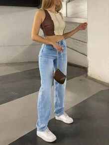 Women's Belted Waist Button Pocket Loose Wide Leg Simple Slimming Straight Leg Jeans - Light Wash - View 4