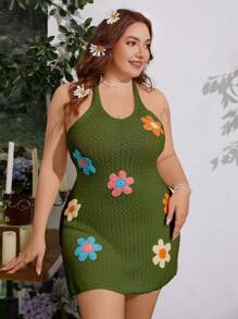 Flirla Crochet Floral Pattern Split Maxi Sweater Dress Plus Size - Army Green - View 4