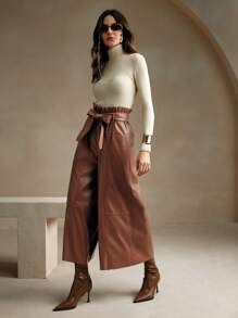 Anewsta 女士棕色休闲高腰阔腿皮裤