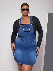 CovetEZ Plus Size Solid Color Pocket Distressed Frayed Edge Pinafore Denim Dress - Dark Wash - View 5