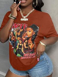 Slaydiva Áo thun nữ dáng rộng, đơn giản, dễ phối đồ, gợi cảm, ôm sát, cổ tròn, tay ngắn, in họa tiết, thích hợp cho mùa hè - H - Rỉ Nâu - Xem 3