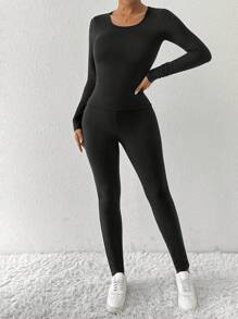 RosyDaze 2pcs Thick & Thermal Lined Women Thermal Long Sleeve Top And Pants Set