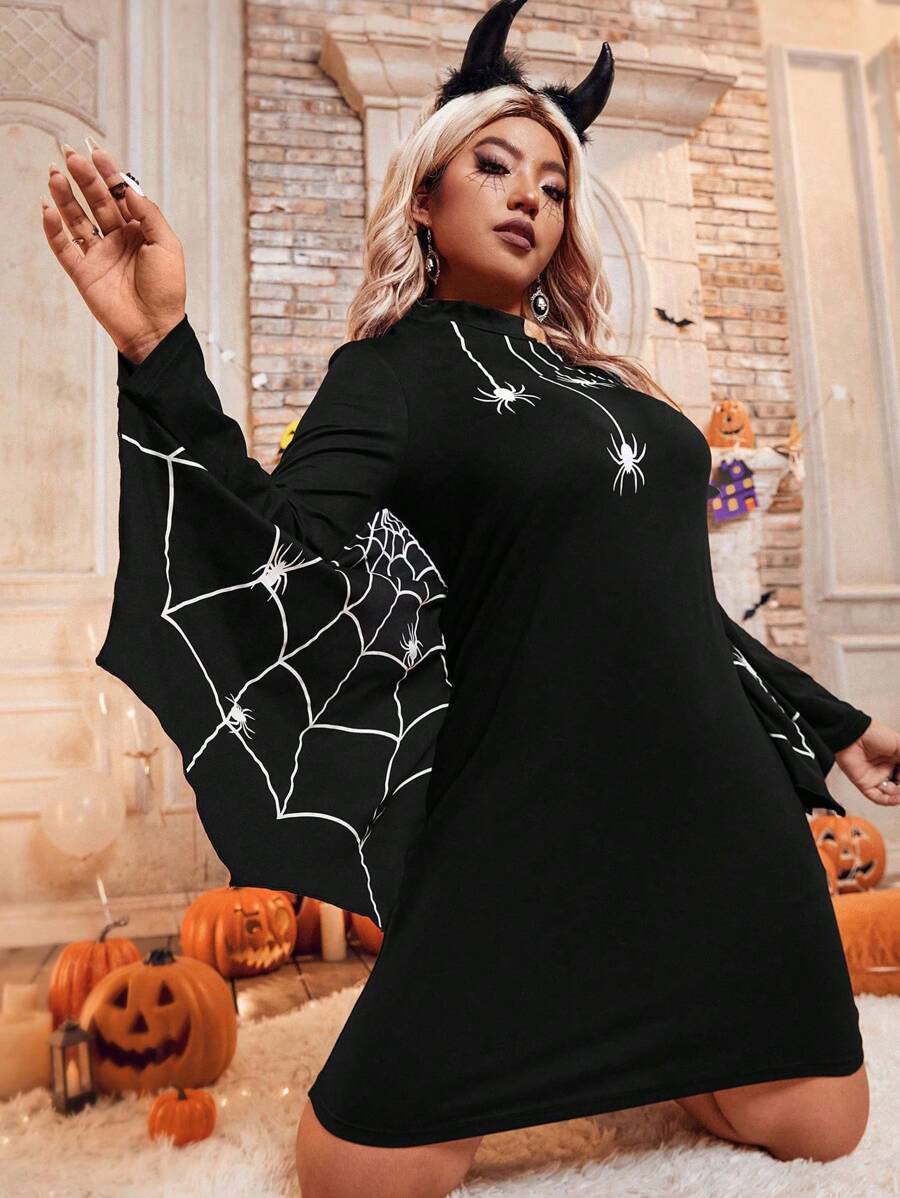 SHEIN LUNE 大码女式蜘蛛印花蝙蝠袖简约休闲连衣裙 - 黑色 - 查看 1