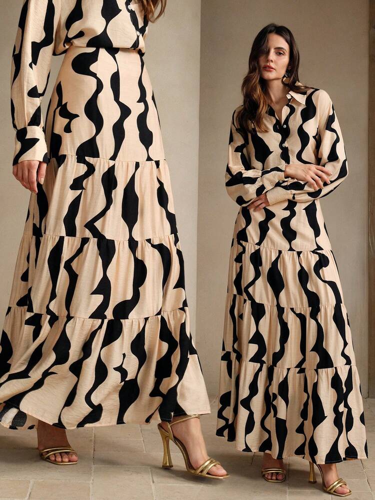 Fashionable Geometric Print Coffee Brown Skirt With Personalized Splicing And High Waist Design