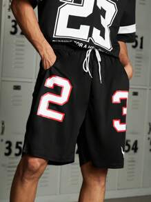 Manfinity Sport Corelite Men Letter Graphic Drawstring Waist Sports Shorts Gym Shorts - Black - View 7