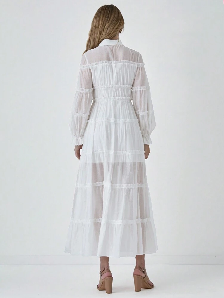 Vestido longo com manga longa e sólido, Vestido camisa elegante para primavera e verão