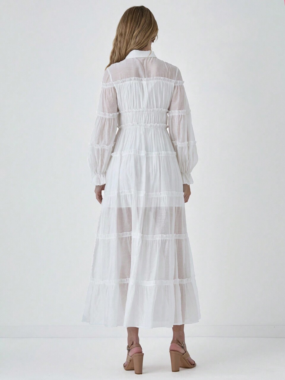 Romantic Fall Holiday Women's White Long Sleeve Mesh Long Dress, Elegant Shirt Dress