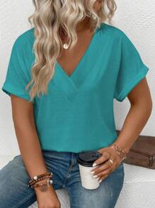 INAWLY Camiseta informal de verano con cuello en V y manga de puño, talla grande
