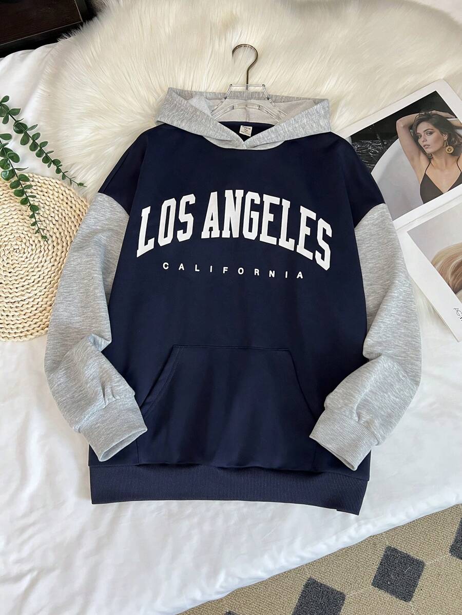 SHEIN Teen Girls Knitted Color Block Loose Casual English Logo Graphic Sweatshirt With Pockets - Multicolor - View 1