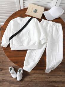 SHEIN 3pcs Young Boy Casual Loose Sport Sweatsuit Set - Includes 1pc Long Sleeve Crew Neck Sweatshirt With Embroidered Letter Graphic, 1pc Asymmetrical Crossbody Bag, And 2pcs Solid Color Sweatpants With Contrast Trim Details, Comfortable And Warm For Fall/Winter Daily Wear, School Or Outdoor Play