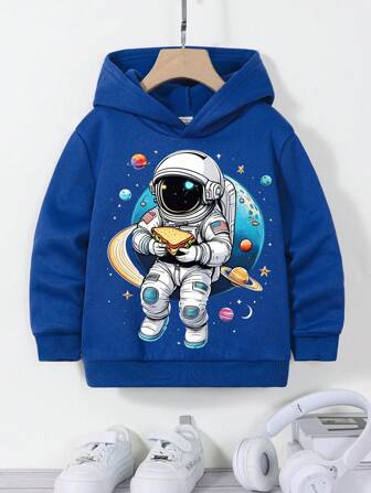 SHEIN Young Boys Casual Minimalist Cartoon Astronaut Pattern Comfortable Thick Knit Long Sleeve Sweatshirt, Suitable For Autumn And Winter Hoodie For Kids Boyhoodie For Boyhoodie For Boys