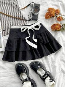 Soleia Saia casual feminina estilo resort texturizada com babados duplos e decoração de gravata borboleta branca, adequada para formatura, casamento, festival de música, volta às aulas, almoço fofo, início do outono - Preto - Ver 4