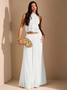 SHEIN BAE 女士白色不对称褶皱高开叉白色长裙，假日海滩度假约会 - 白色 - 查看 1