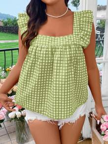 Sunnyshic Plus Size damska bluzka w kratę z kokardą i odkrytymi plecami, krótka, z krótkim rękawem, letnia