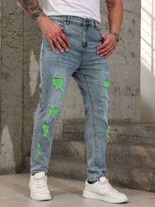 Manfinity LEGND Plus Size Men's Front Button Closure Multi-Pocket Distressed Denim Jeans, Casual Everyday Wear - Light Wash - View 5