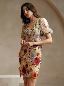 Anewsta 3D 花卉优雅度假泡泡短袖 V 领女式紧身迷你连衣裙 - 彩色 - 查看 6