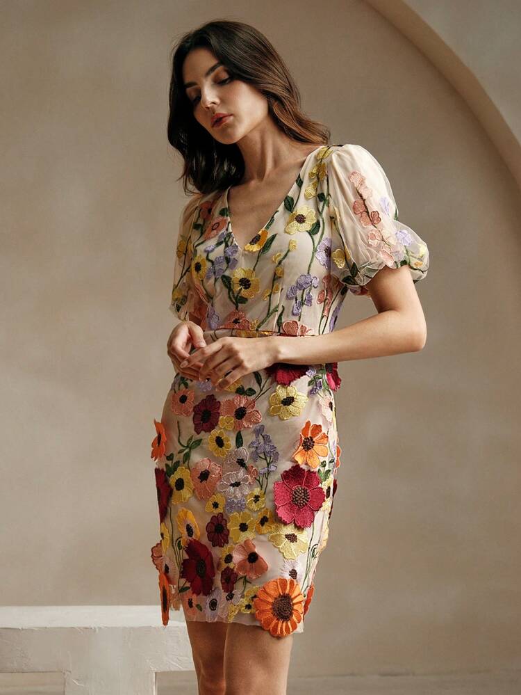 3D Floral Elegant Vacation Bubble Short Sleeve V-Neck Bodycon Mini Dress For Women