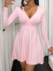 SHEIN BamGlam Váy nữ đơn giản cổ chữ V quyến rũ Avant-Garde, váy ngắn mini, váy mùa thu - Hồng - Xem 7