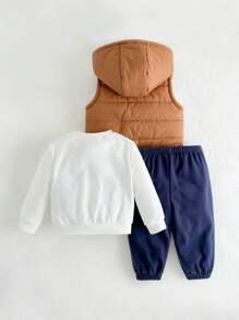 Cozy Pixies 3pcs Baby Boy Set: Letter Print Knit Soft Crew Neck Sweater, Pants And Hooded Vest - Apricot - View 2