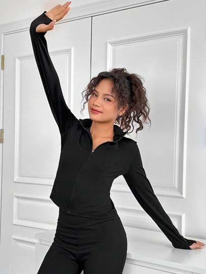 SHEIN Teen Girl Stickad Enfärgad Stand Krage Dragkedja Casual Sport Jacka