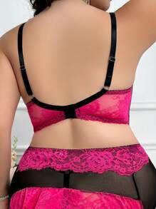 Set de 5 piezas de lencería sexy con encaje y malla en contraste, con aros, para tallas grandes