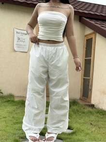 Flirla Plus Size Women Lace Wide Leg Pants,High Waist Elegant White Trousers For Vacation,Casual Loose Hollow Out Autumn Bachelorette Party Cloth - White - View 2