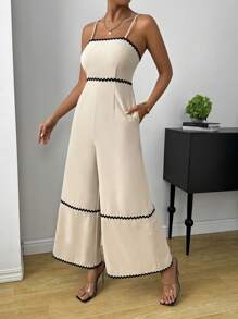 Chiquease Contrast Trim Wide Leg Cami Jumpsuit For Summer - Apricot - View 5