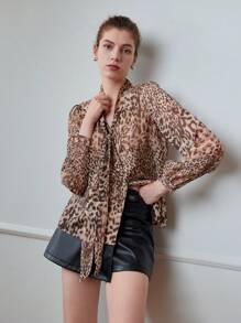 MOTF STUDIO ÁO CHƠI CHIFFON LEOPARD IN KIỂU CỔ ĐÈN LỒNG TAY ÁO - Cà phê nâu - Xem 5