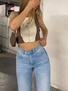 Women's Belted Waist Button Pocket Loose Wide Leg Simple Slimming Straight Leg Jeans - Light Wash - View 5